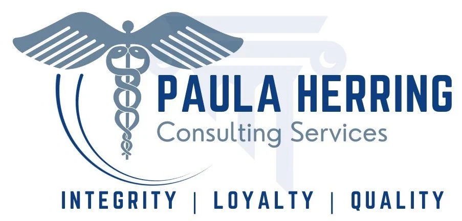 A blue and white logo for paula hebert consulting services.